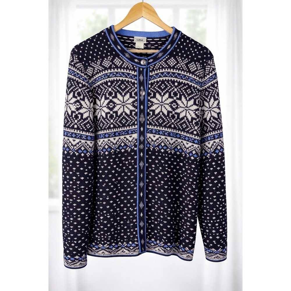 L. L. Bean Fair Isle Button Cardigan Knit Sweater Nordic Black Blue Size Large